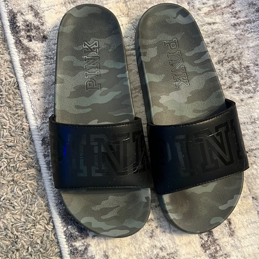 PINK, camo slides, worn twice